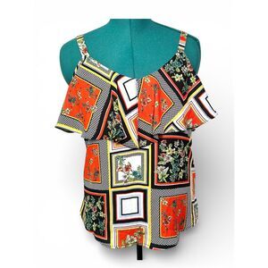 New York & Co bold scarf-print cold-shoulder tomato girl top Medium